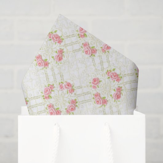 Delicate Gold Scrollwork & Pink Roses Floral 薄葉紙 (ギフトバッグ)