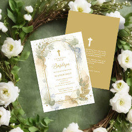 Delicate Gold Shades Floral Frame Arch Baptism 招待状