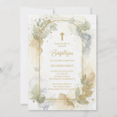 Delicate Gold Shades Floral Frame Arch Baptism 招待状 (正面)
