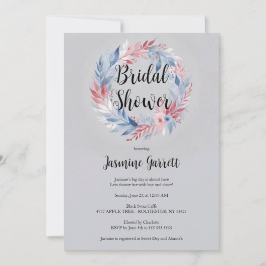 Delicate Grey Wreath Flowers Feathers & Leaves 招待状 (正面)