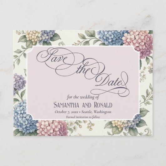 Delicate Hydrangea Flowers Wedding 案内ポストカード (正面)