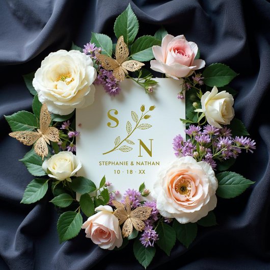 Delicate Initials Wildflowers Branches Wedding  ラバースタンプ