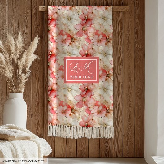 Delicate Ink Blush Pink Gold Floral Chic Monogram フリースブランケット