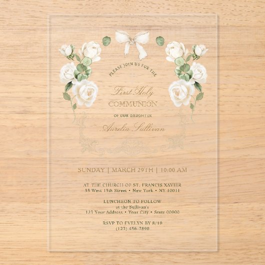 Delicate Ivory Roses Fr First Holy Communion アクリル招待状 (正面)
