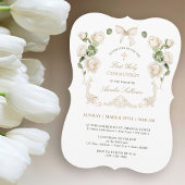 Delicate Ivory Roses Frame First Communion 招待状