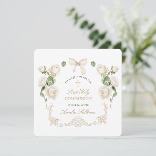 Delicate Ivory Roses Frame First Communion Small 招待状 (スタンド正面)