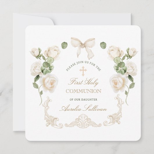 Delicate Ivory Roses Frame First Communion Small 招待状 (正面)