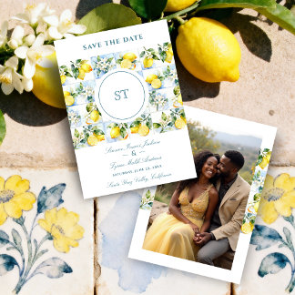 Delicate Lemon Branch and Flowers Tiles Wedding セーブザデート