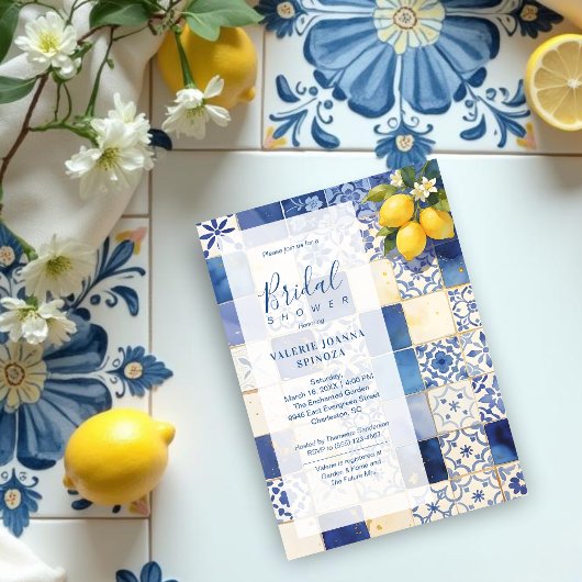 Delicate Mediterranean Tiles and Lemons Flowers 招待状