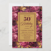 Delicate merlot blush gold floral 50th birthday 招待状 (正面)