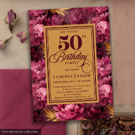 Delicate merlot blush gold floral 50th birthday   招待状