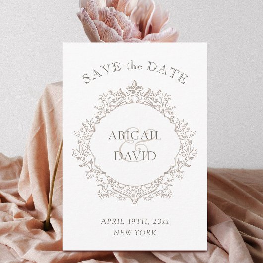 Delicate Neutral Crest Wedding Save The Date セーブザデート