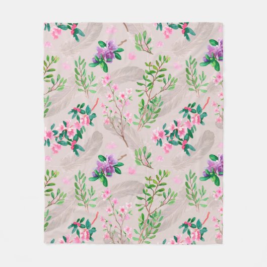 Delicate pattern with rhododendron flowers and fea フリースブランケット (正面)