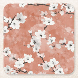 Delicate Pink and White Sakura Branches on Navy Bl スクエアペーパーコースター