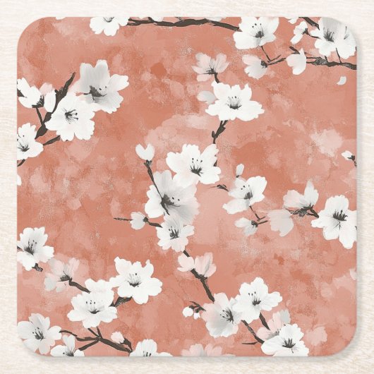 Delicate Pink and White Sakura Branches on Navy Bl スクエアペーパーコースター (正面)