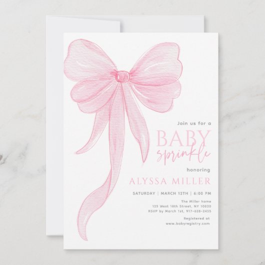 Delicate Pink Bow Girl Baby Sprinkle 招待状 (正面)