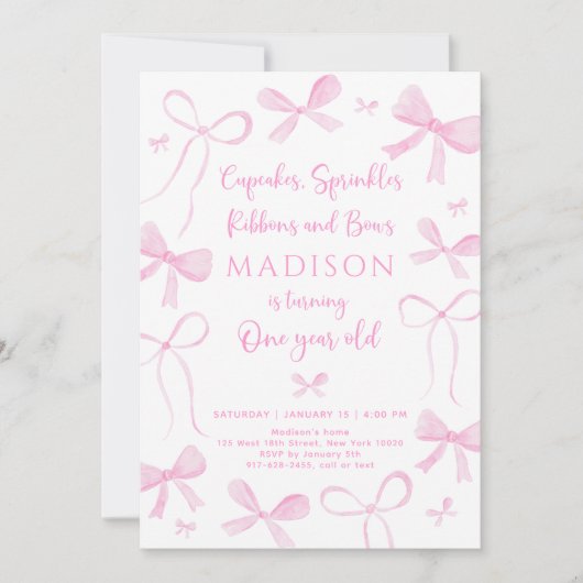 Delicate Pink Bows First Birthday 招待状 (正面)