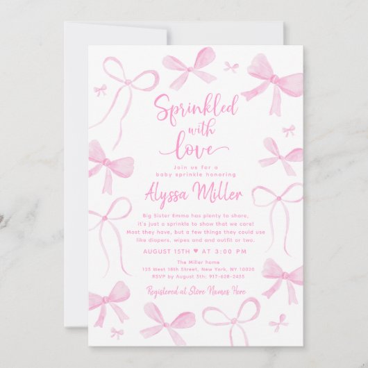 Delicate Pink Bows Girl Baby Sprinkle 招待状 (正面)