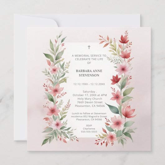 Delicate Pink Cherish Botanical Wildflower Funeral 招待状 (正面)