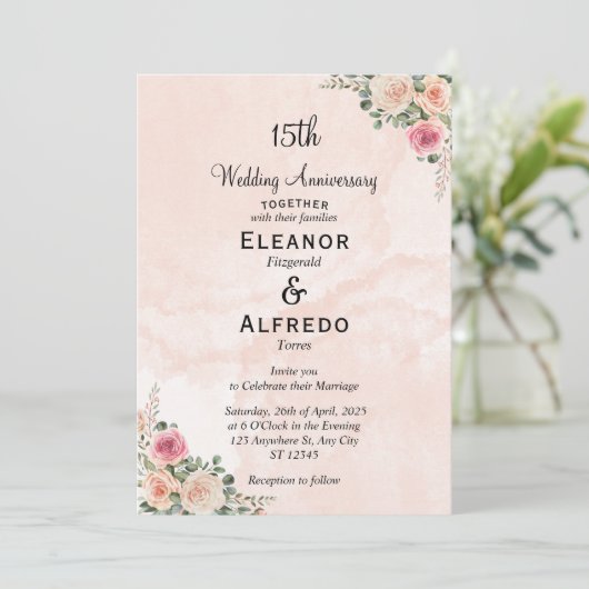 Delicate Pink Cream Floral Wedding Anniversary  招待状 (スタンド正面)