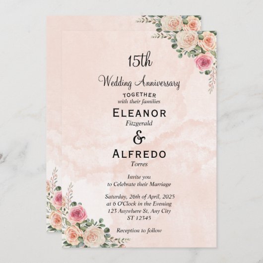 Delicate Pink Cream Floral Wedding Anniversary  招待状 (正面/裏面)