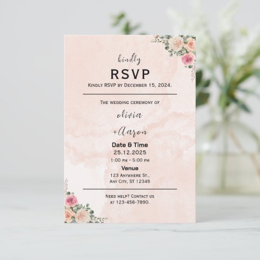 Delicate Pink Cream Floral Wedding RSVP Cards (スタンド正面)