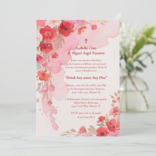 Delicate Pink Floral Frame Christian Catholic 招待状 (スタンド正面)