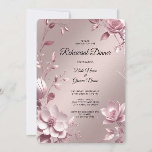 Delicate Pink Floral Frame Rehearsal Dinner 招待状 (正面)