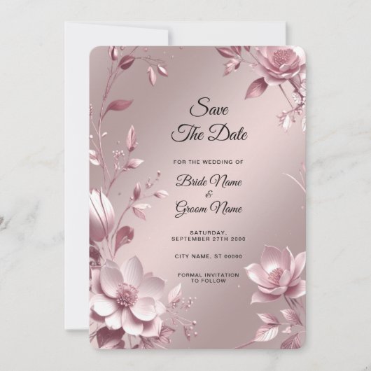 Delicate Pink Floral Frame Save The Date セーブザデート (正面)