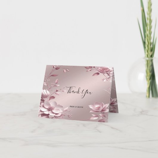 Delicate Pink Floral Frame Thank You Card サンキューカード (正面)