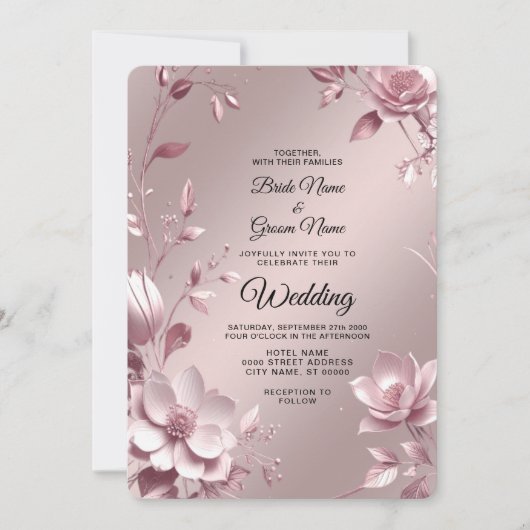 Delicate Pink Floral Frame Wedding Invitation 招待状 (正面)