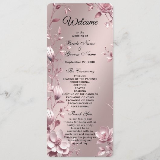 Delicate Pink Floral Frame Wedding  Program プログラム (正面)