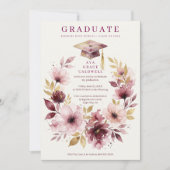Delicate Pink Floral Wreath Graduation Cap 招待状 (正面)