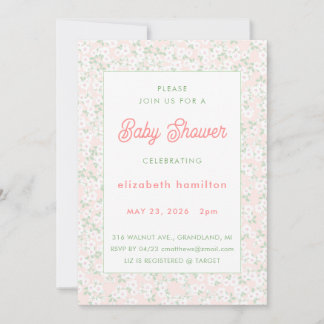 Delicate Pink Flowers Baby Shower Invitation 招待状