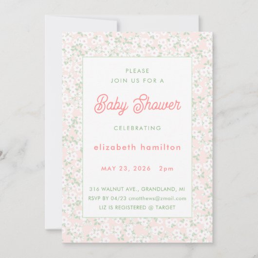 Delicate Pink Flowers Baby Shower Invitation 招待状 (正面)