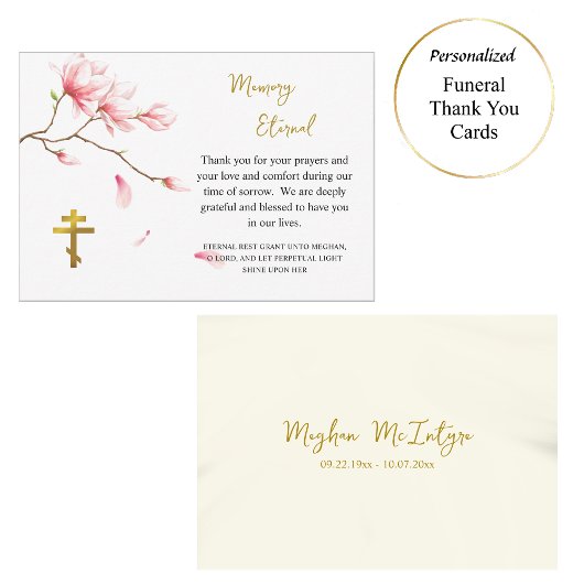 Delicate Pink Flowers Branch Orthodox Funeral サンキューカード
