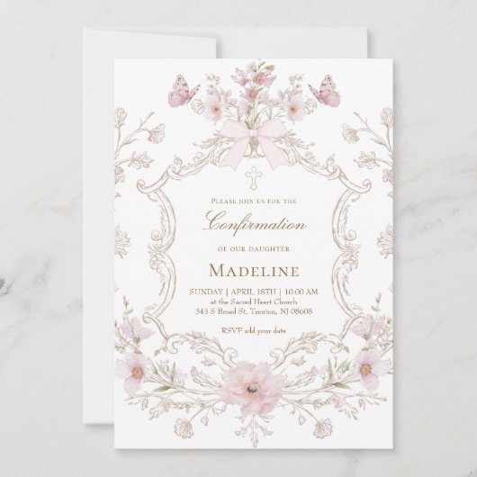 delicate pink flowers frame Confirmation girl 招待状 (正面)