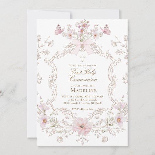 delicate pink flowers frame First Holy Communion 招待状 (正面)