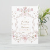 delicate pink flowers frame First Holy Communion 招待状 (スタンド正面)