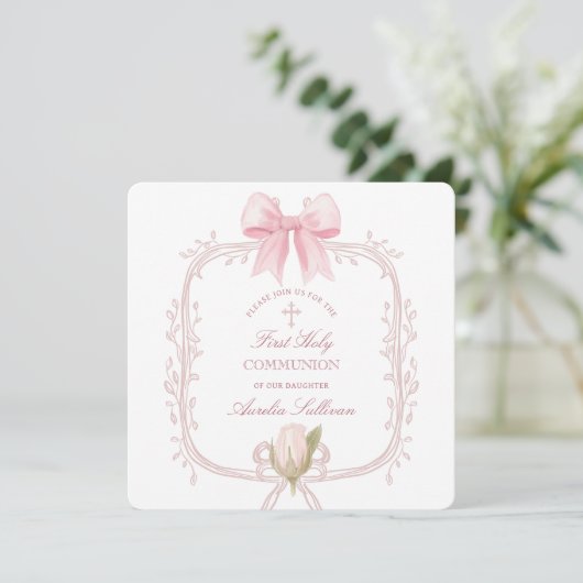 Delicate Pink Frame First Communion Small 招待状 (スタンド正面)