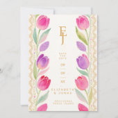 Delicate Pink & Purple Tulips Border Wedding セーブザデート (正面)