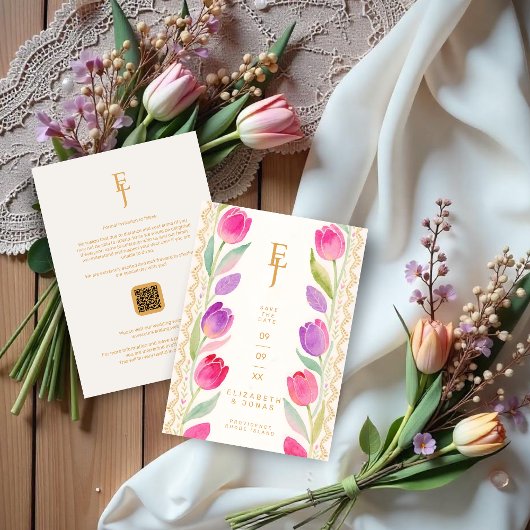 Delicate Pink & Purple Tulips Border Wedding セーブザデート