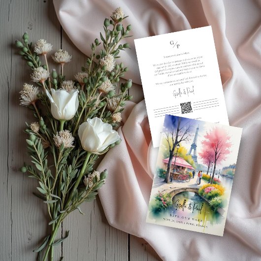 Delicate Pink Romantic Paris Landscape Wedding セーブザデート