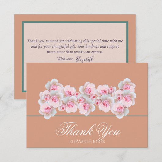 Delicate Pink Roses Floral Bridal Shower Thank You サンキューカード (正面/裏面)