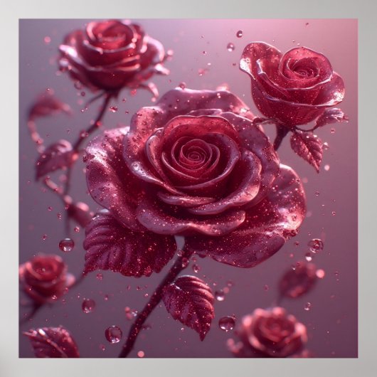 Delicate Pink Roses with Dewdrops and Glitter ポスター (正面)