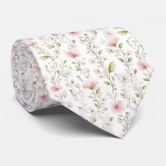 Delicate pink white flowers pattern neck tie ネクタイ (ロール)