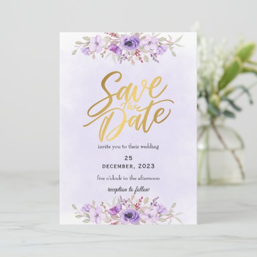 Delicate Purple Floral Wedding Save the Date 招待状 (スタンド正面)