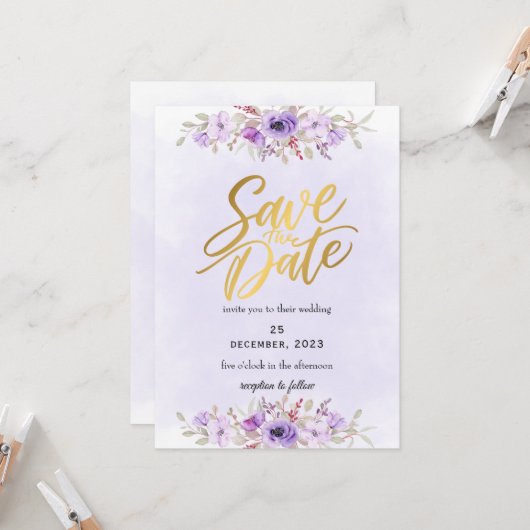 Delicate Purple Floral Wedding Save the Date 招待状 (正面/裏面インサイチュ)
