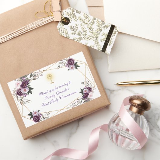 Delicate Purple Pink Peony Flowers Holy Communion  長方形シール (ギフト)