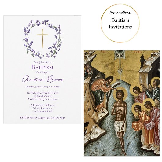 Delicate Purple Wildflowers Wreath Baptism 招待状